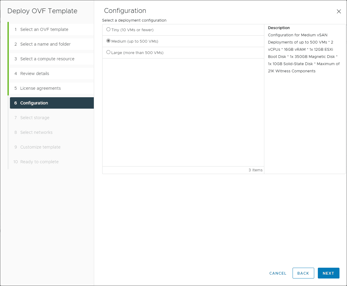 Select the deployment configuration size