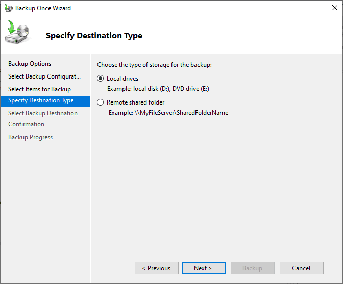 Select the destination for Windows Server Backup