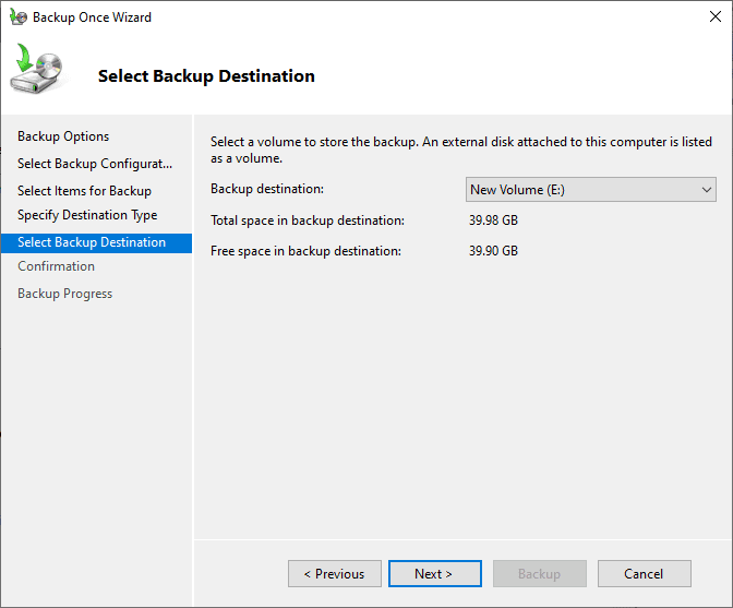 Select the local volume to store the backup