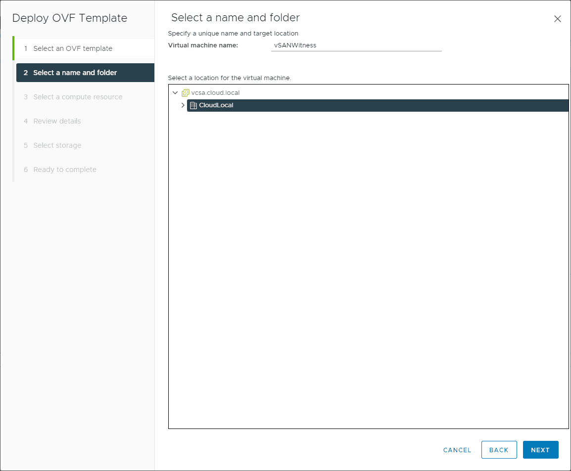 Select the name and folder for the vSAN Witness appliance