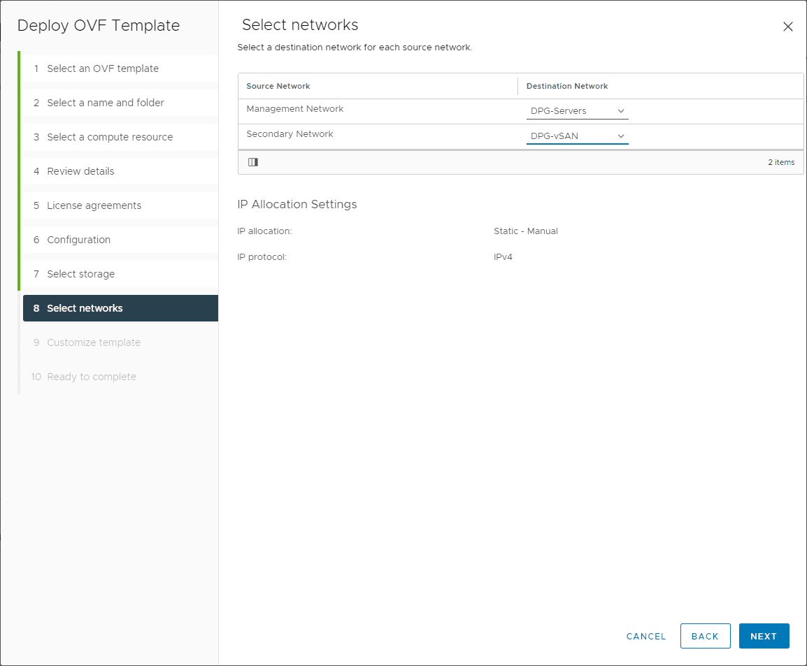 Select the networks for the vSAN Witness appliance