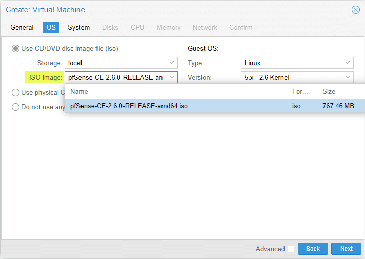 Select the pfSense ISO image