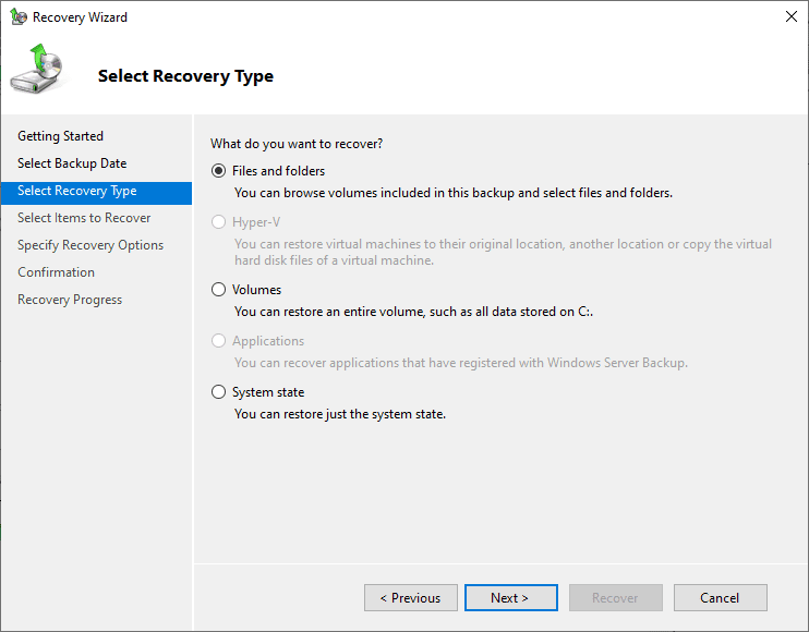 Select the recovery type