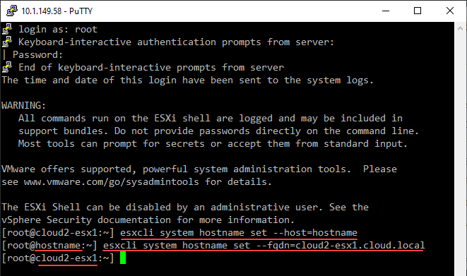 Setting the ESXi hostname with esxcli system hostname set