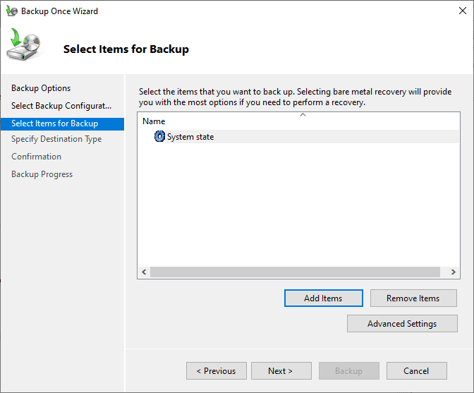 System state selected for backup in Windows Server Backup