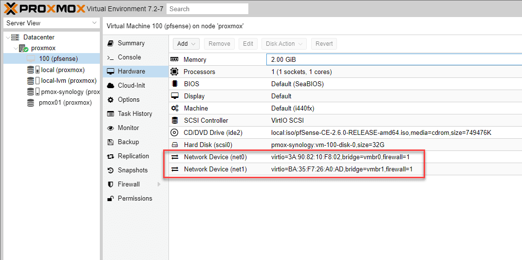 Viewing the network adapters after adding to the pfSense VM