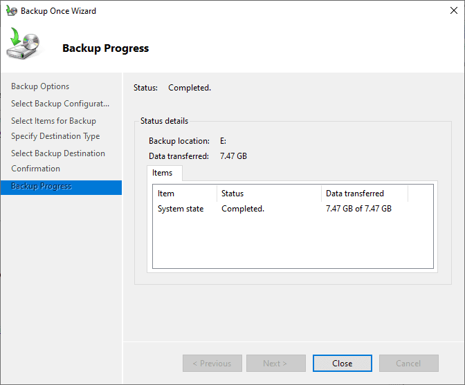 Windows Server Backup created successfully