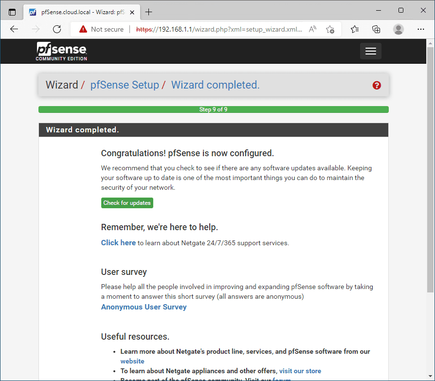 Wizard completes after the reload of pfSense