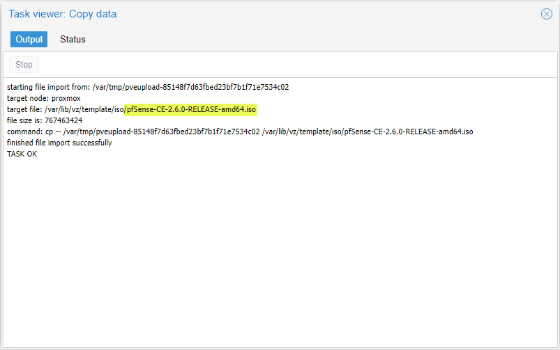 pfSense ISO image successfully uploaded to Proxmox VE server