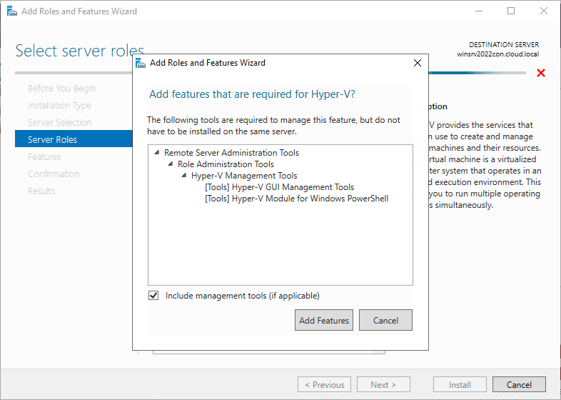 Add the Hyper V remote administration tools