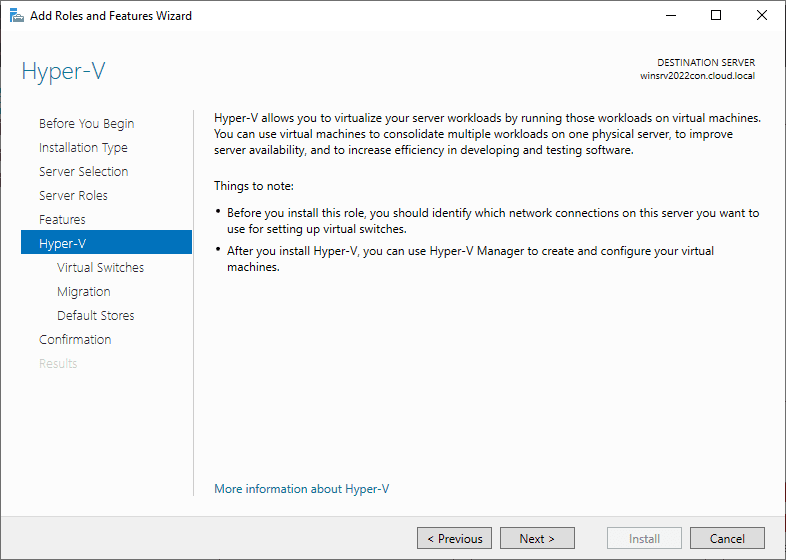 Beginning the wizard to configure the Hyper V Role