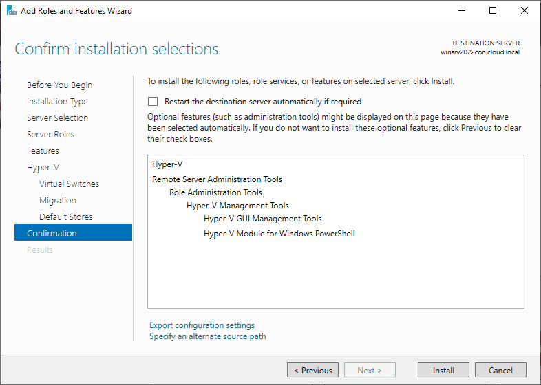 Confirm the Hyper V role installation