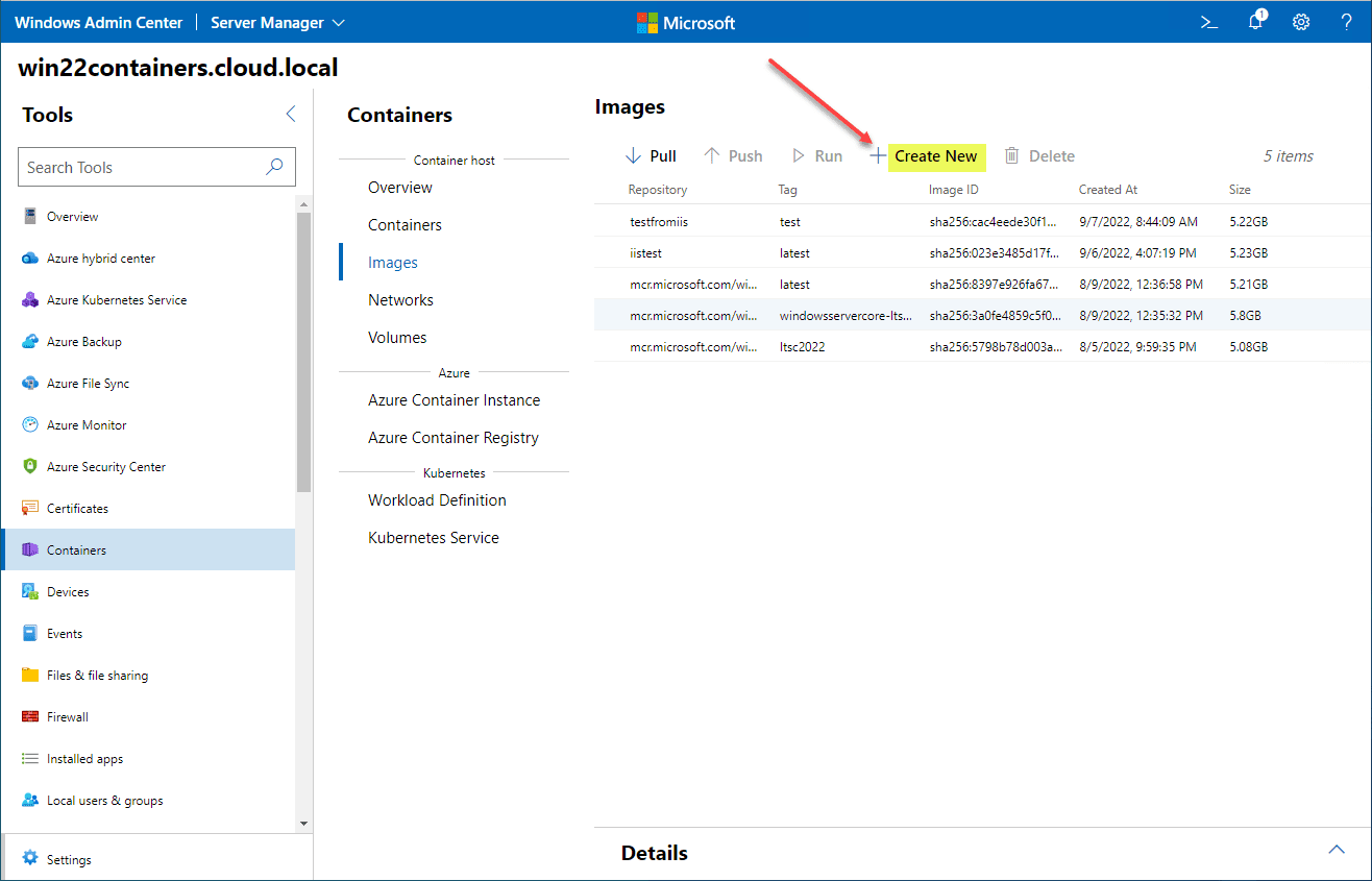 Creating a new Container image in Windows Admin Center