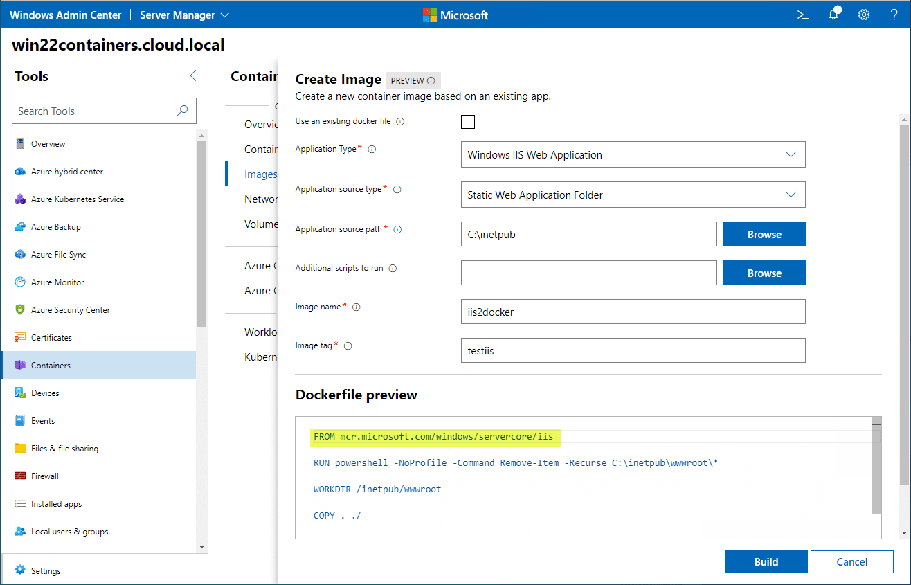 Creating a new IIS to Docker container image based on an existing IIS website