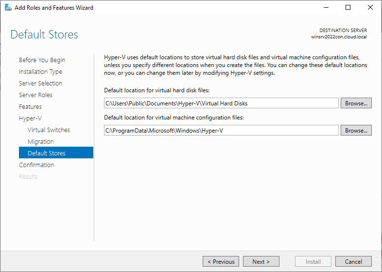 Default virtual machine storage configuration