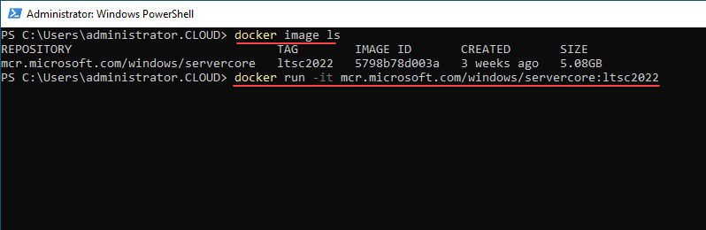 List the Windows container images using docker images ls and running it interactively