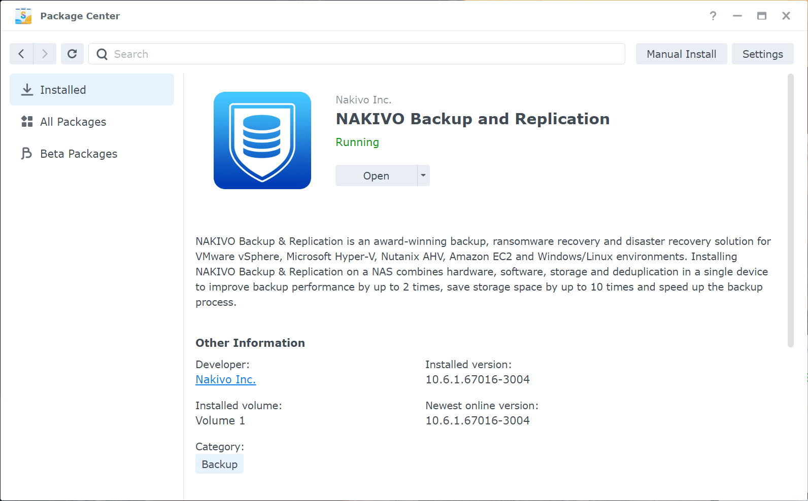 NAKIVO Backup Replication loaded on a Synology NAS device