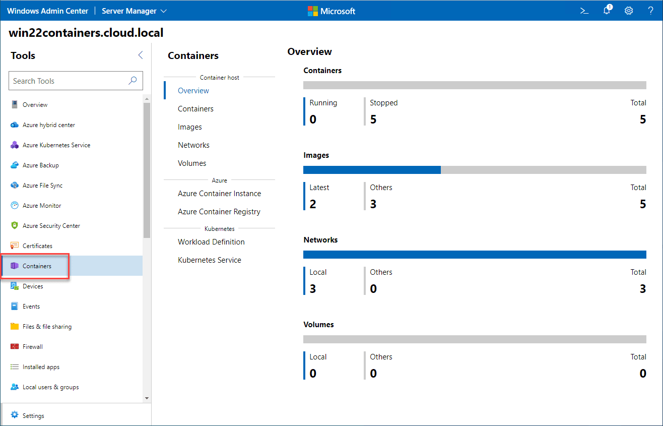 Navigating to the containers node in Windows Admin Center