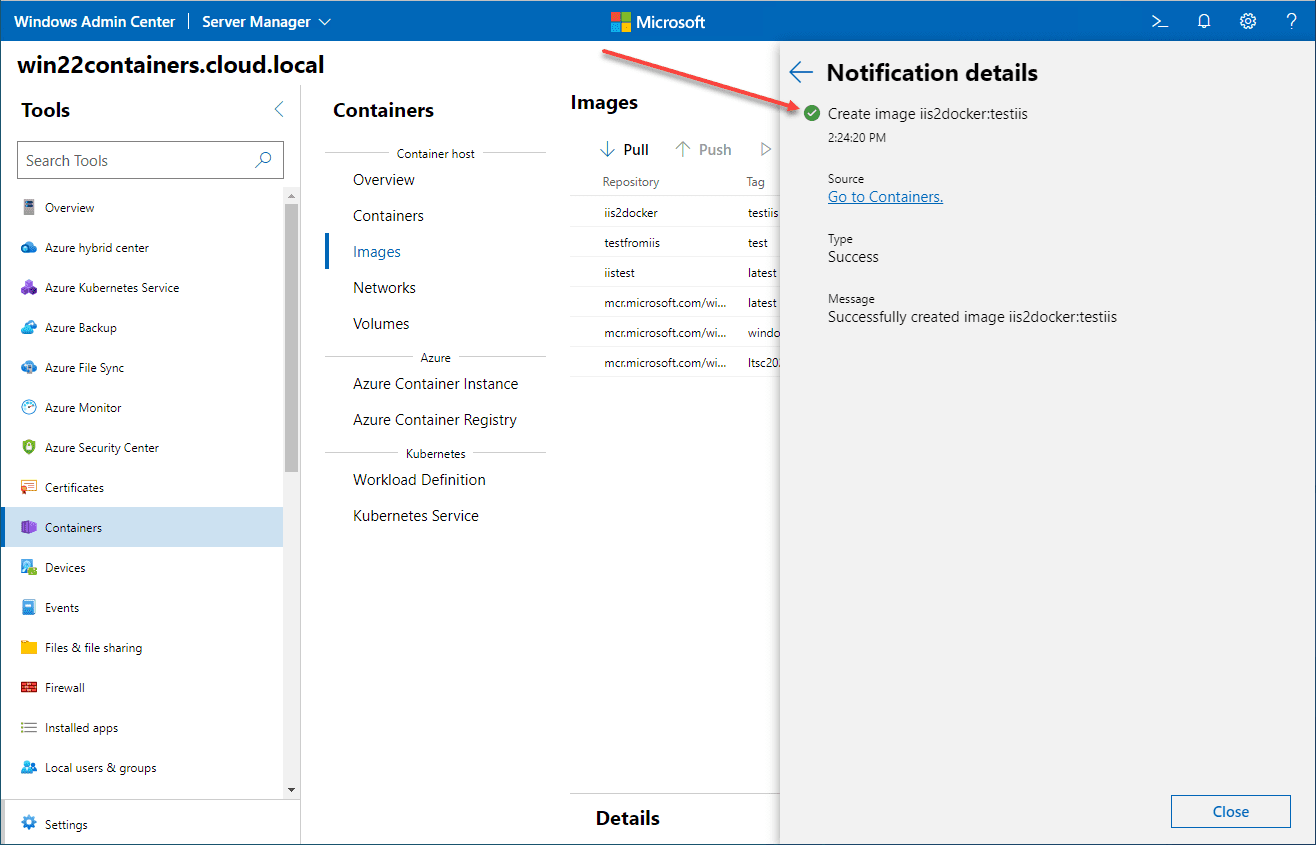 New IIS Docker container image created successfully with Windows Admin Center