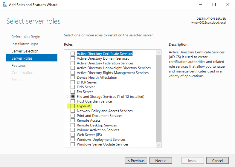 Place a check next to the Hyper V role