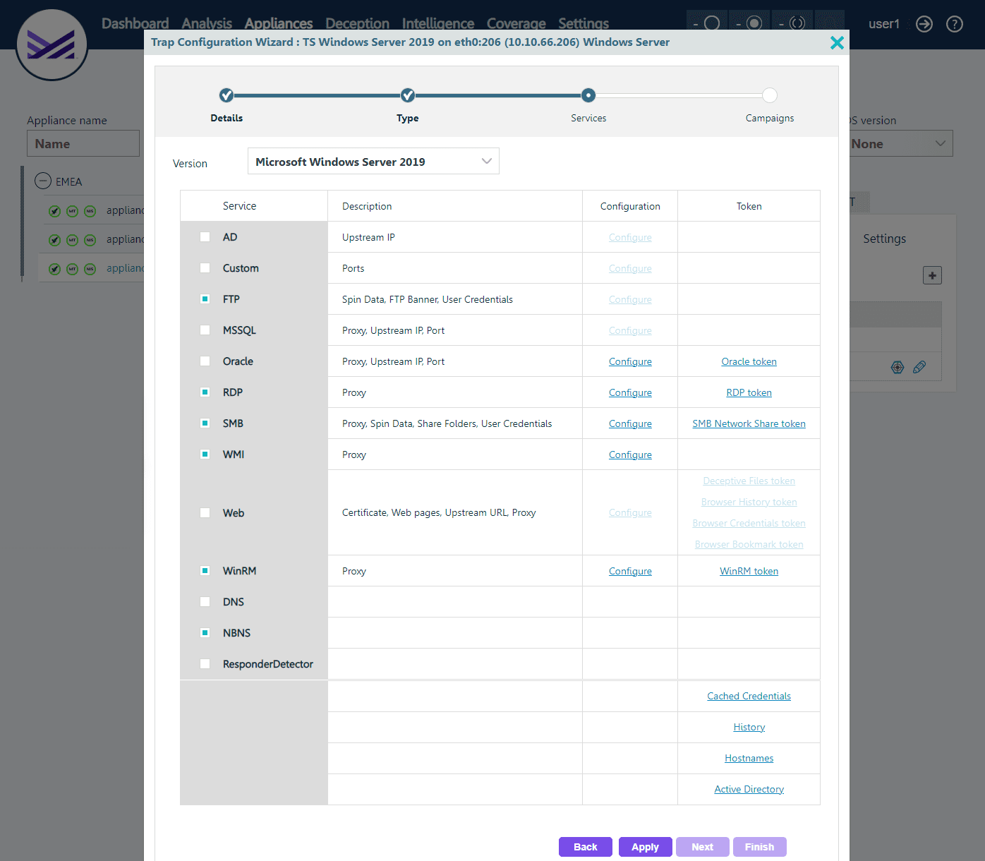 Selecting the services that will be hosted on the new threat sensor