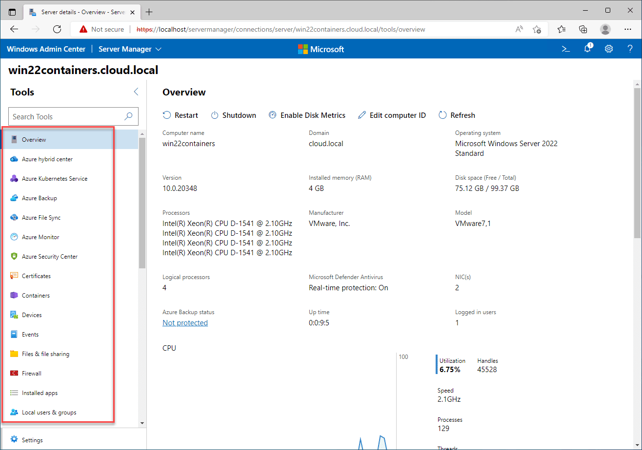 Windows Admin Center overview dashboard