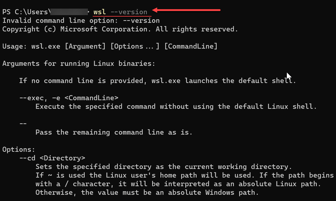 Issuing the wsl version command with a Windows component installation of WSL