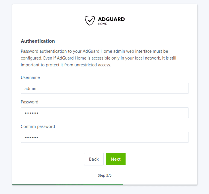 Configure the Adguard username and password