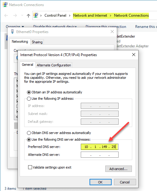 Configuring a Windows client to point to the custom DNS server