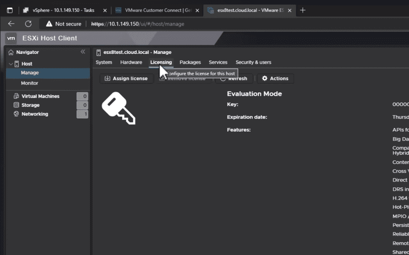 Configuring licensing using the VMware host client