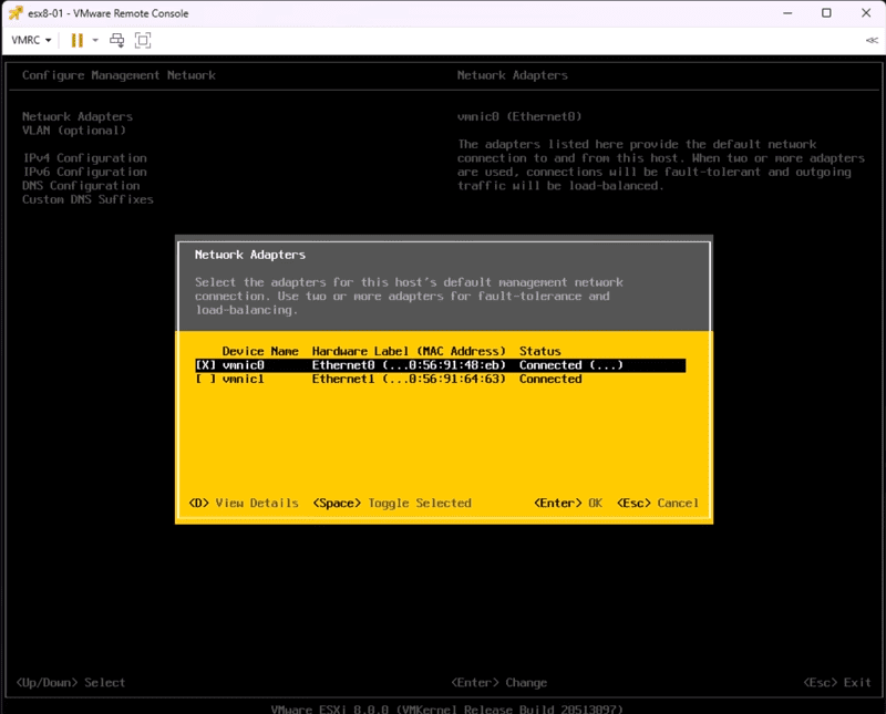 Configuring which adapters carry management network traffic