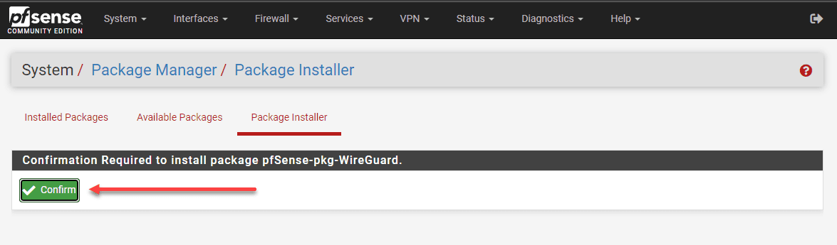 Confirm the Wireguard package installation in pfSense
