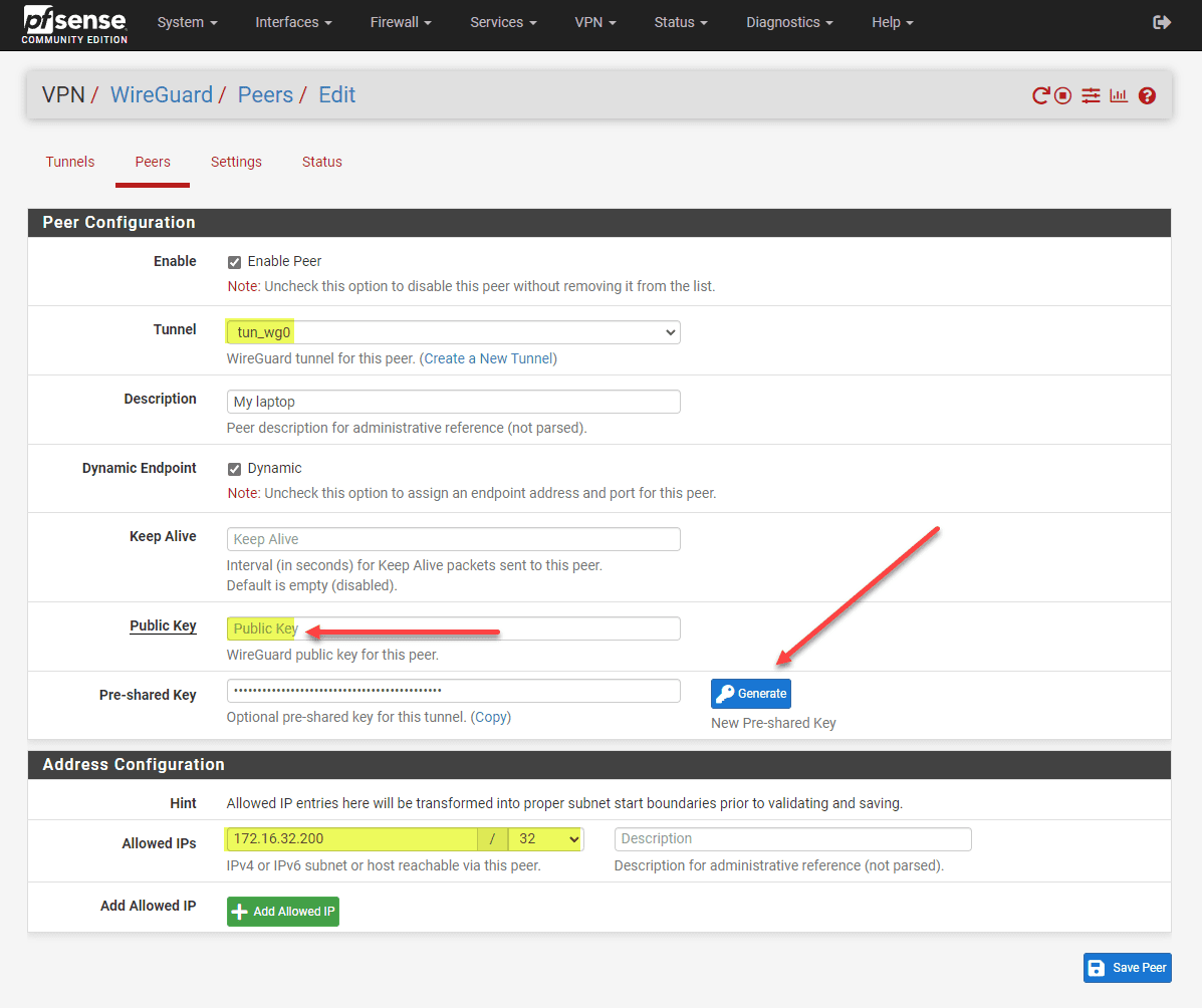 Creating a new peer in pfSense for connecting to Wireguard