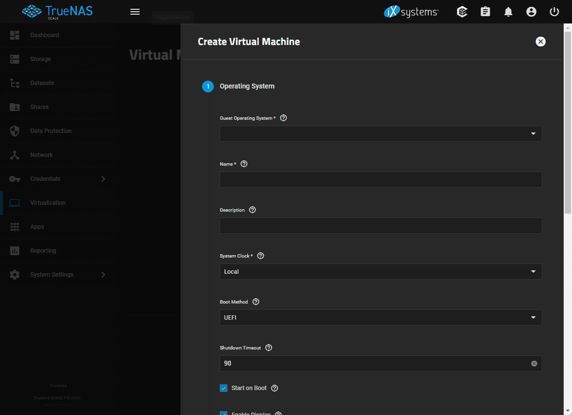 Creating a new virtual machine in TrueNAS