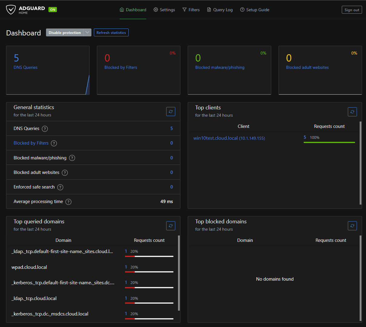 DNS query traffic hitting the Adguard server from the Windows client