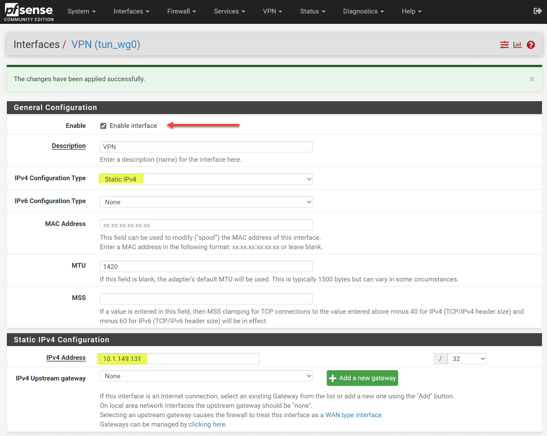 Enabling the Wireguard interface and configuring the IP address information