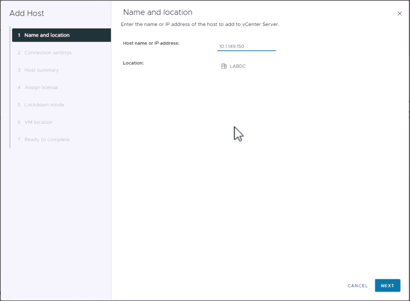 Entering the IP address of the VMware ESXi Server