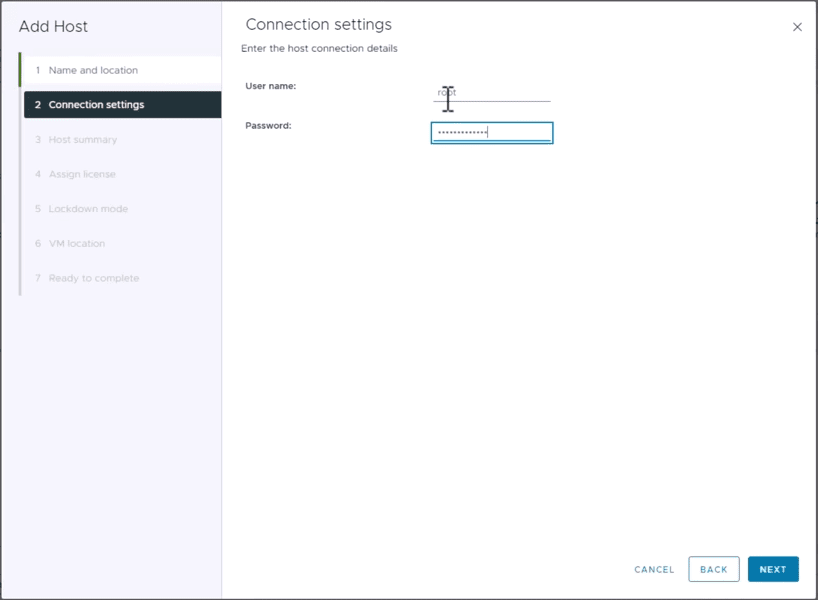 Entering the root user password to add the VMware ESXi Server