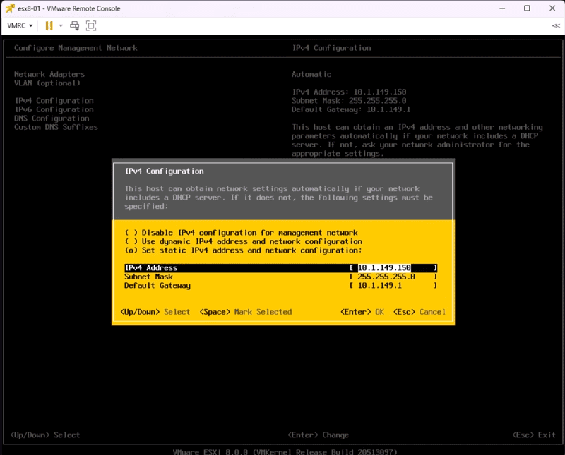 Setting a static IP address for the management network