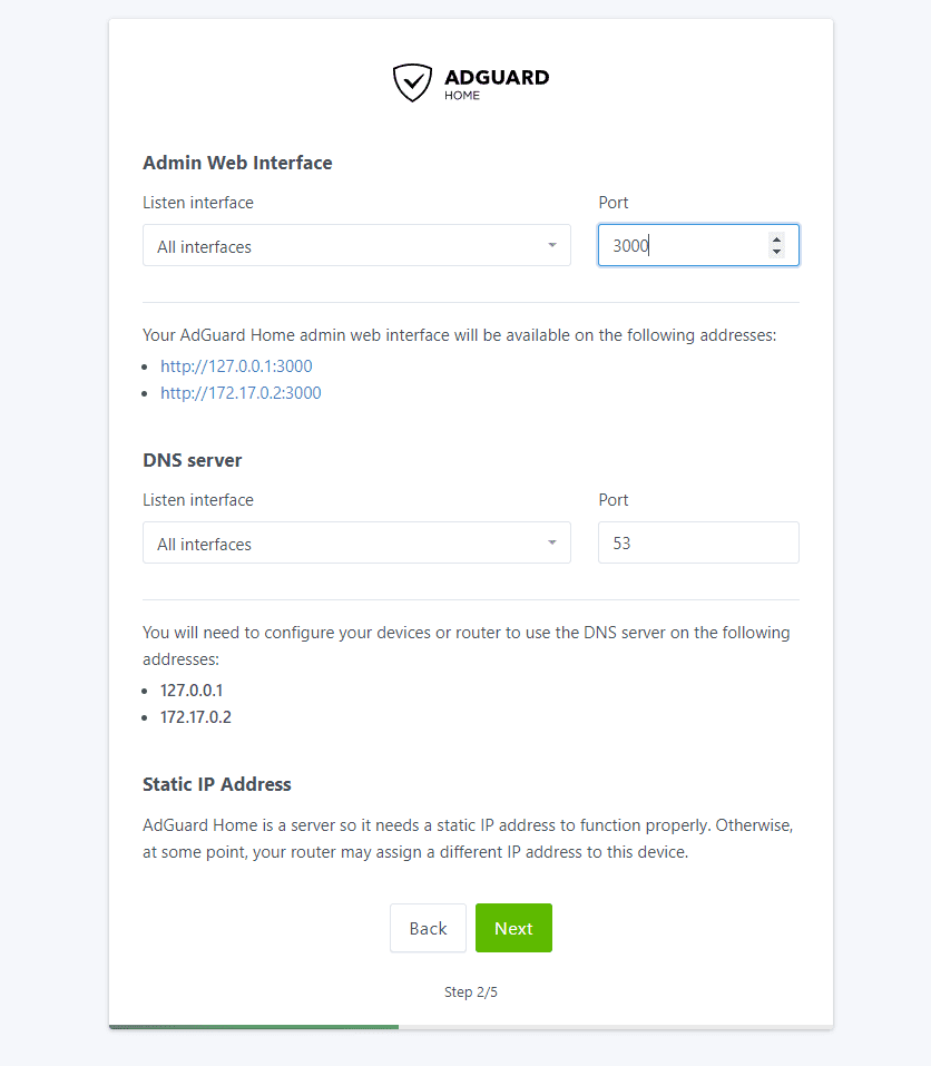 Setting the ports for admin and DNS