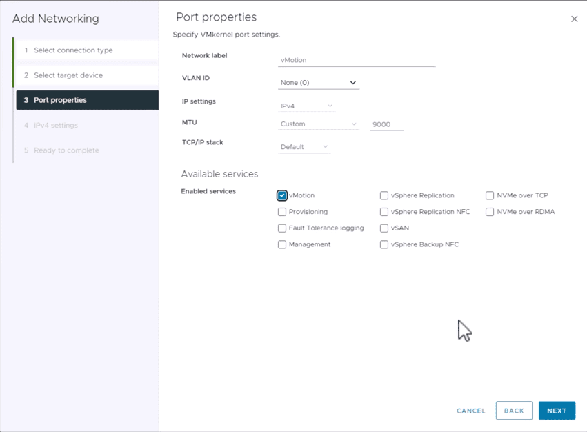 Setting the properties of the new VMkernel adapter