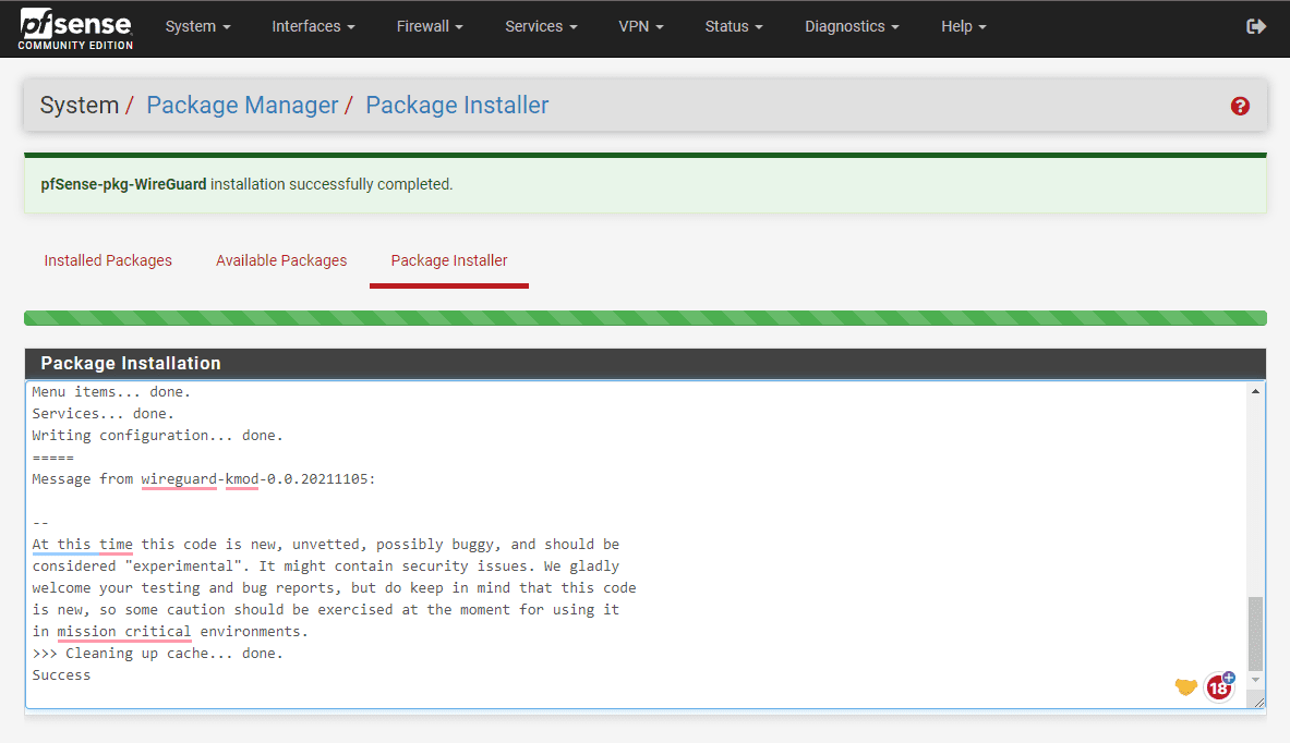 The pfSense Wireguard package installs successfully