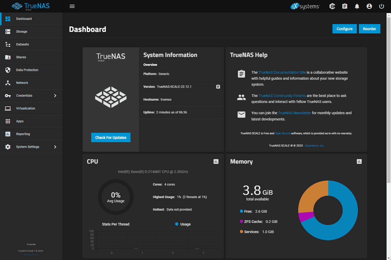 TrueNAS dashboard viewing the system information