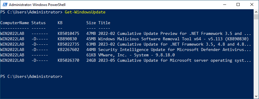 Using the Get WindowsUpdate to see available updates
