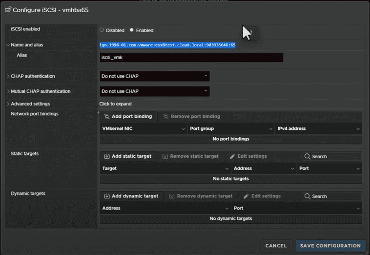 Viewing the iSCSI IQN address that is generated