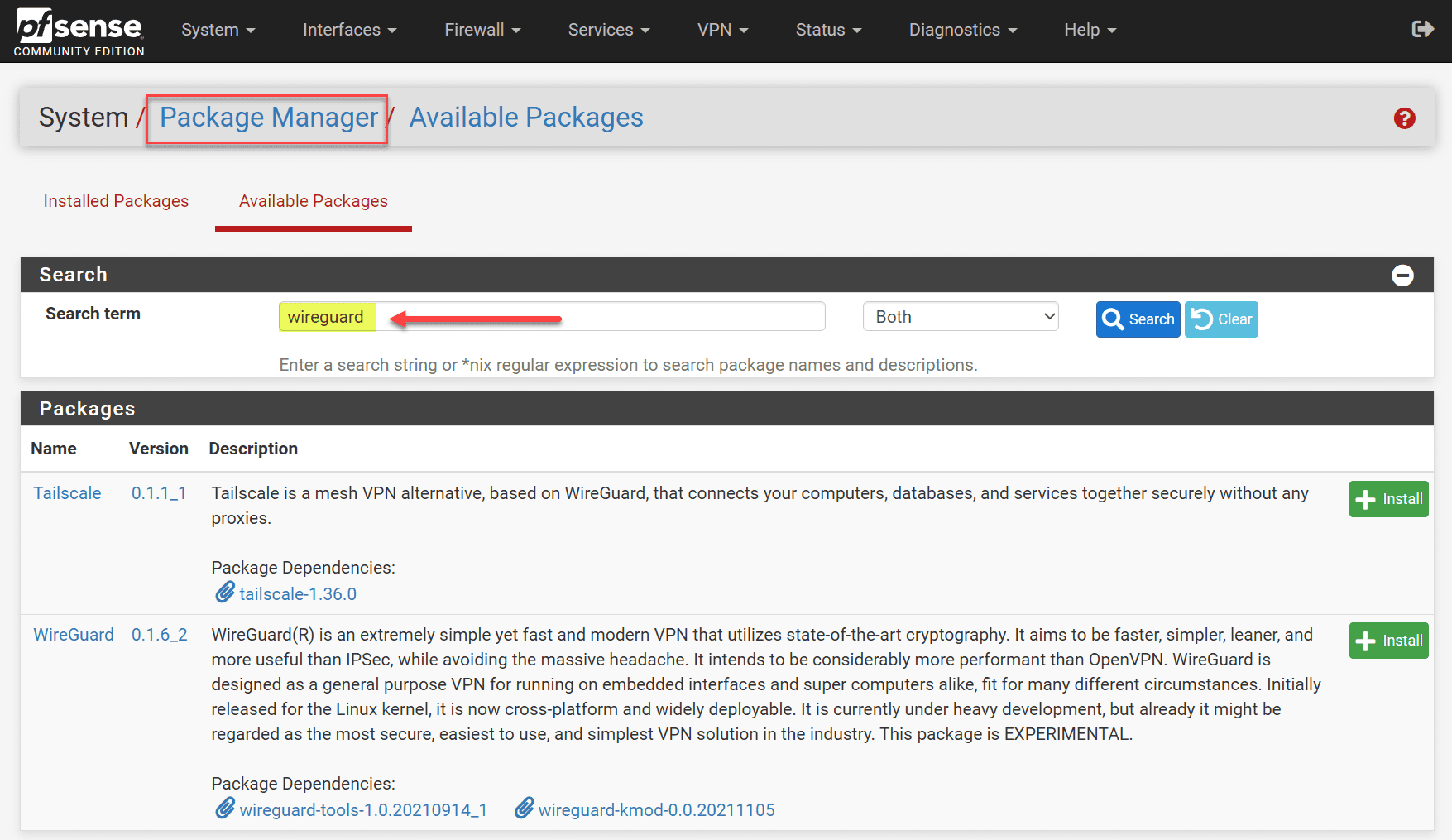 pfSense includes Wireguard as a system package for installation