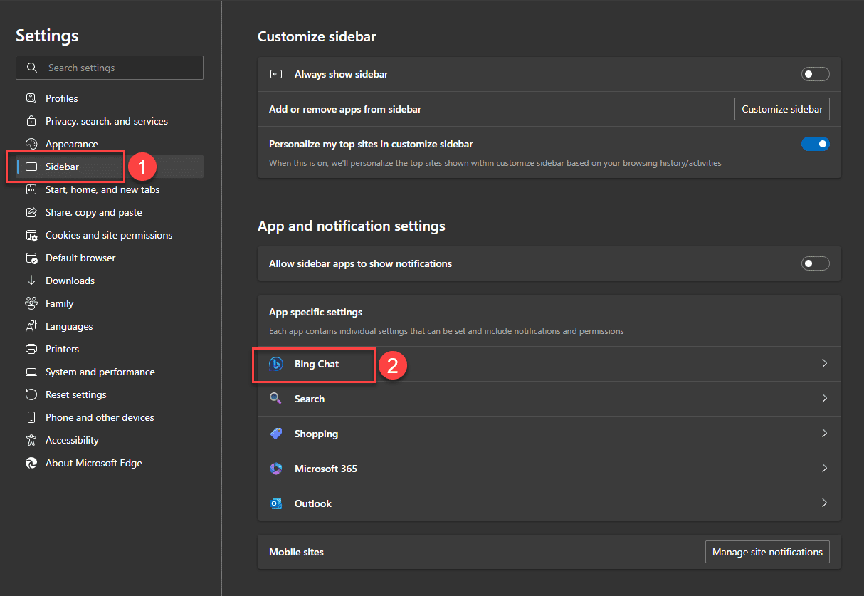 App and notification settings for Bing Button