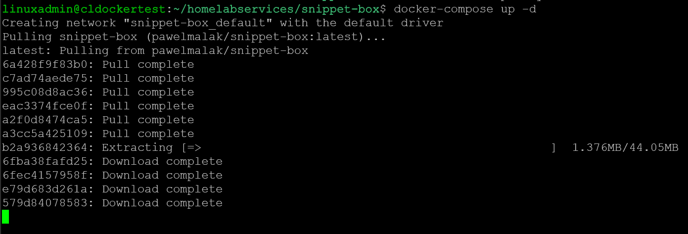 Beginning to pull the Snippet-box container image