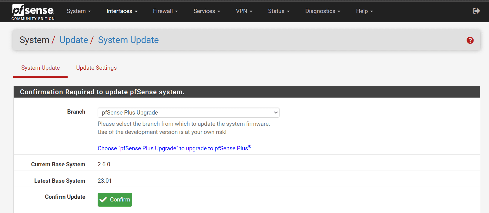 Confirm pfSense Plus upgrade