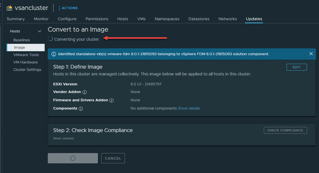 Converting the cluster to vSphere Lifecycle Manager image based updates 1